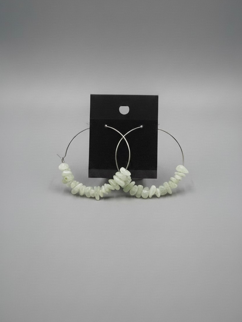 Silver Hoop Earrings with Pale Green Gem Chip Accents